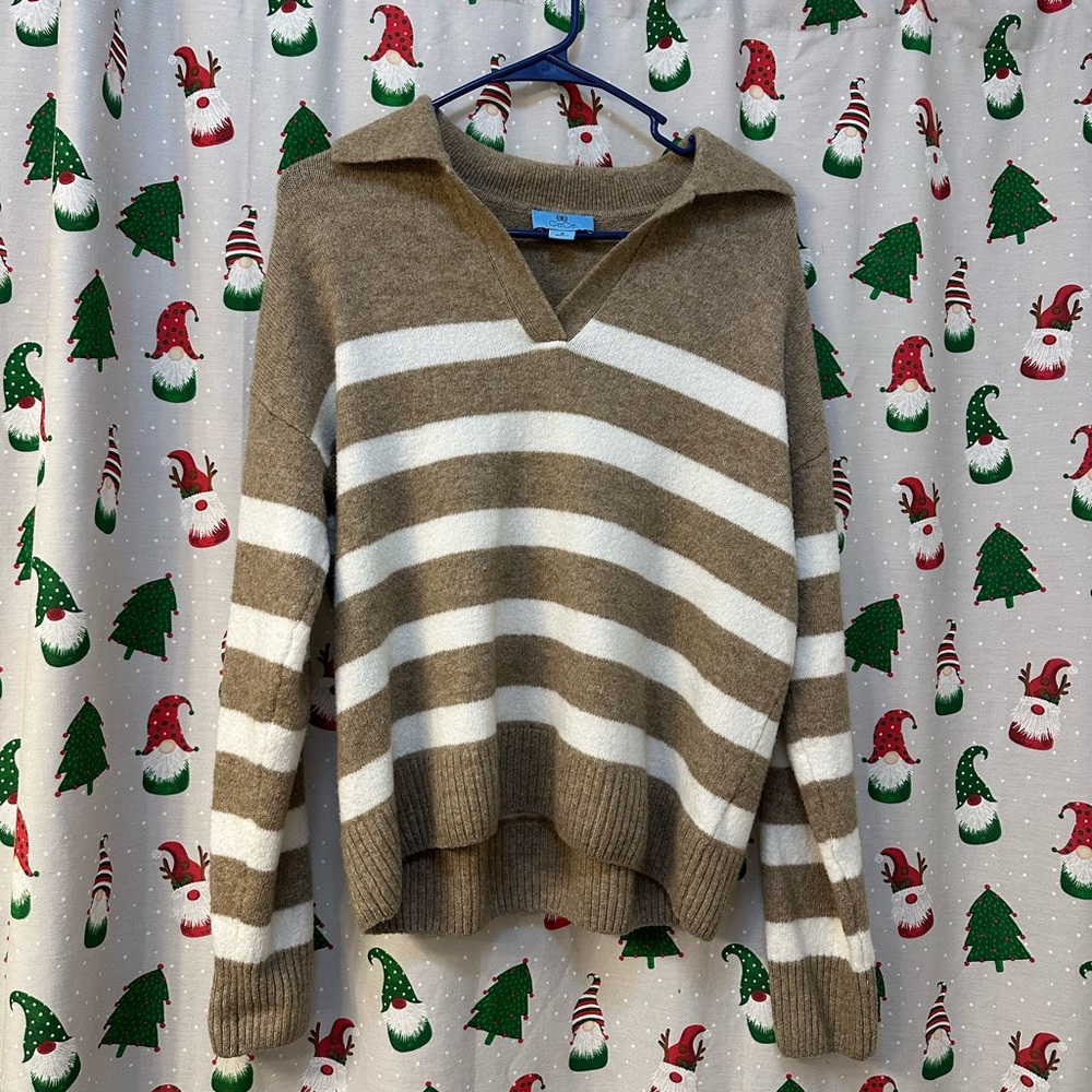 CeCe Brown and White V-Neck Sweater